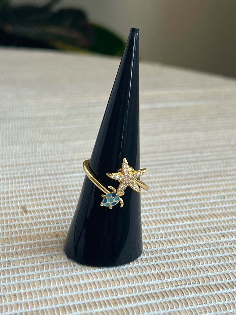 Adjustable fidget Gold starfish with blue accented  Sea Turtle ring